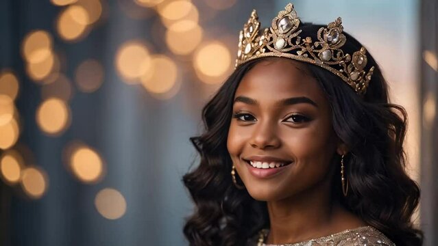 Beautiful African American girl wearing a golden crown
