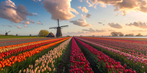 Stunning landscape showcasing the radiant colors of tulip fields under a majestic sunset with historic windmills standing tall