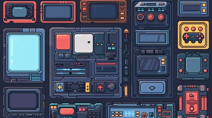 A collection of empty game user interface frames, meticulously crafted in pixel retro style, catering to the aesthetic requirements of game design