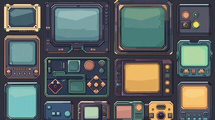 A collection of empty game user interface frames, meticulously crafted in pixel retro style, catering to the aesthetic requirements of game design - obrazy, fototapety, plakaty