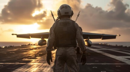 View of the silhouette of a military pilot standing on an aircraft carrier - obrazy, fototapety, plakaty