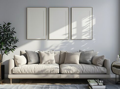 3D rendering of a modern living room interior with a sofa and framed pictures on the wall mock up, in a grey color scheme