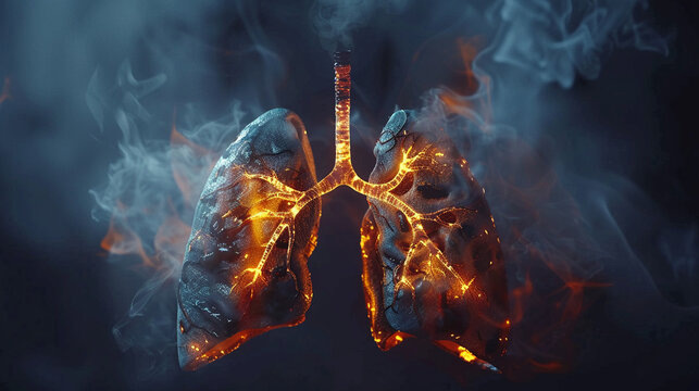 Realistic 3D render of lungs affected by smoking, dim ambient light, front angle