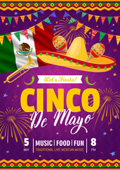 Cinco de Mayo holiday flyer for Mexican party fiesta and music festival, vector background. Cinco de Mayo celebration poster with Mexico flag, sombrero and Mexican mariachi music maracas with trumpet