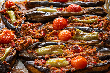 Traditional Turkish Cuisine. Turkish dish eggplant with minced meat Karniyarik or  Imam Bayildi