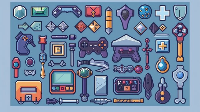 A collection of minimalist pixel art vector objects, meticulously isolated, featuring pixel game buttons and an 8-bit UI gaming bar notation, encompassing video-game pixel magic items