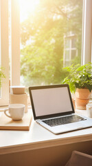 Laptop with blank screen and coffee cup on the windowsill .