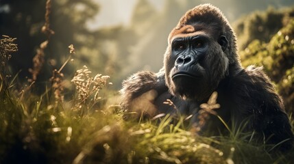 Black silver back gorilla in the forest, sunlight, cute, HD, zoo banner, wallpaper 