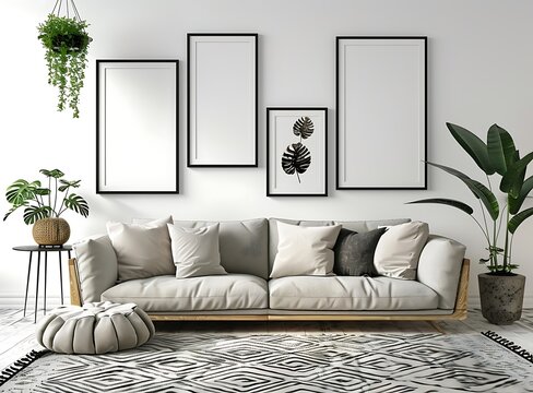 3D rendering of a modern living room interior with a sofa and photo frames on the wall in a mock up, high definition image