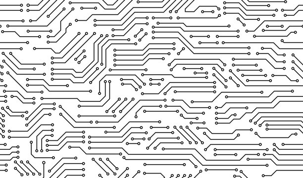 Motherboard seamless pattern or computer circuit board, vector background of microchip texture. Motherboard or circuit board pattern or computer chip technology or chipset processor geometric lines