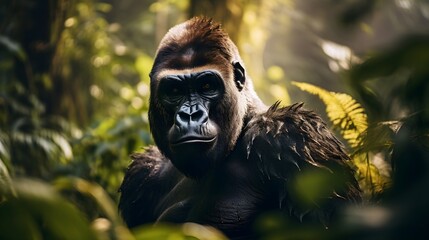 Black silver back gorilla in the forest, sunlight, cute, HD, zoo banner, wallpaper 