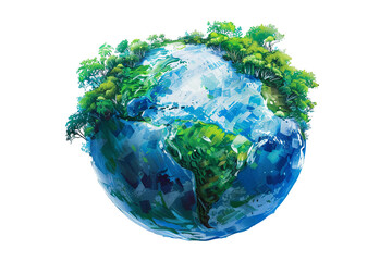 Realistic illustration of a green and blue earth, with trees growing on it, symbolizing environmental care and eco-friendly living.