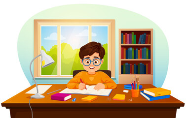 Cartoon boy kid makes homework or funny pupil studying lessons, vector child student. Boy kid in eyeglasses making school homework, sitting at table desk with books and writing in copybook - obrazy, fototapety, plakaty