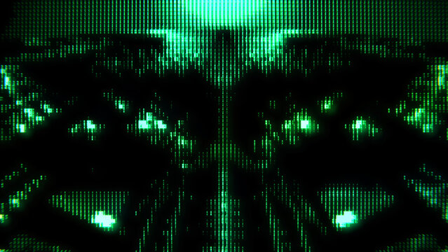 Abstract symmetrical retro tech background with green monochrome CRT monitor effect