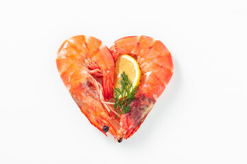 heart shape with Precooked tiger prawns on white
