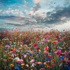 Lush field filled with colorful wildflowers, captured under a dramatic and moody cloud-filled sky
