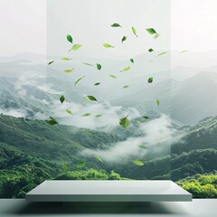 podium background with mountain scene . leaves flying in the wind. ai generative