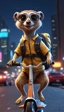 A cartoon meerkat from the Limur species on a scooter with a backpack on its back rides through the city at night