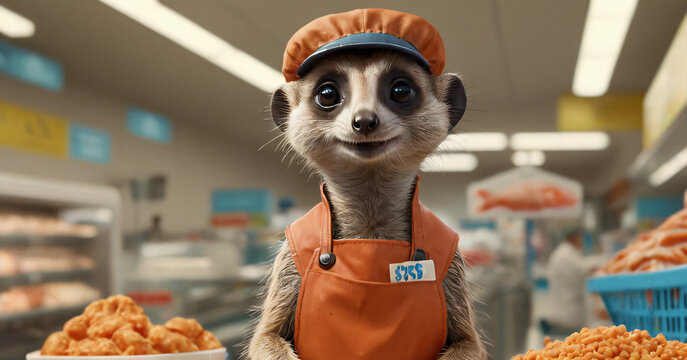 A cartoon meerkat works as a salesman in a supermarket store among food counters