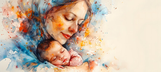 A tender depiction of a mother cradling her sleeping baby, illustrated in a vibrant watercolor technique with splashes of color. Happy Mother's Day, women empowerment.