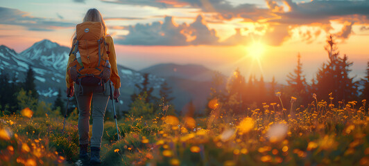 A solitary hiker with a backpack stands amidst wildflowers, facing the setting sun with majestic mountains in the background - obrazy, fototapety, plakaty