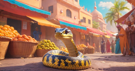 Cartoon snake viper on the streets of an Indian city. Reptile python crawls along the pavement of the street market - obrazy, fototapety, plakaty
