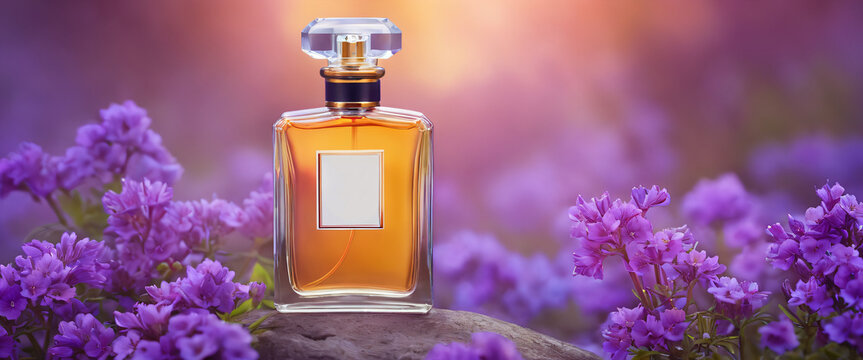 Mockup for design glass perfume bottle in purple colors