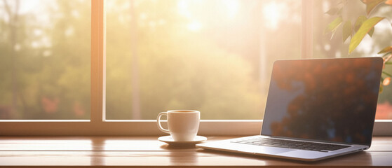 Coffee cup and laptop on wooden table in front of window