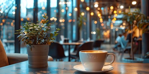 Cozy Coffee Break Moment in a Bustling Office Space with Warm Lighting and Blurred Bokeh Background - obrazy, fototapety, plakaty