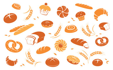 Bakery background. Seamless pattern with bakery products and pastries. Fresh and natural bread, rolls, baguettes, donuts, bagels and croissants. Bakery and shop banner background template. Isolated - 768756539