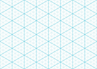 Blue isometric paper grid pattern, isometric triangular mesh background. Vector blueprint for architecture and design projects. Seamless guide for engineering or mechanical layout drawing or sketching