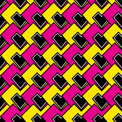 Hearts superimposed on each other seamless geometric pattern. Until Valentine's Day, wedding, paper, gift wrapping, textiles, web. Pink and yellow with white and black