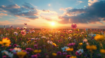 Fototapeta premium Field of Yellow Flowers Under Cloudy Sky