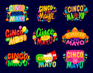 Cinco de Mayo Mexican holiday quotes with sombrero, maracas and margarita, vector T-shirt prints. Mexican Cinco de Mayo celebration and fiesta party quote banners with Mexico flag and bright flowers