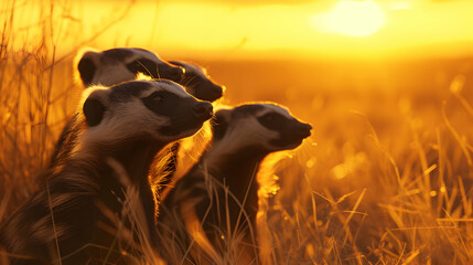Honey badgers in the savanna in the evening with setting sun shining. Group of wild animals in...