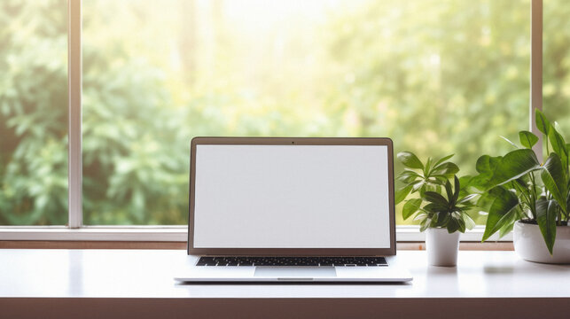 Laptop computer with blank screen on white table with green nature background