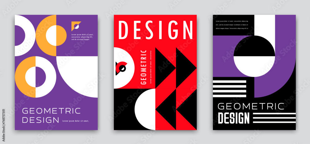 Aufkleber Modern abstract posters, geometric pattern background with vector circle, triangle, line and square shapes. Trendy graphic banners templates set with red, black and purple simple mosaic compositions