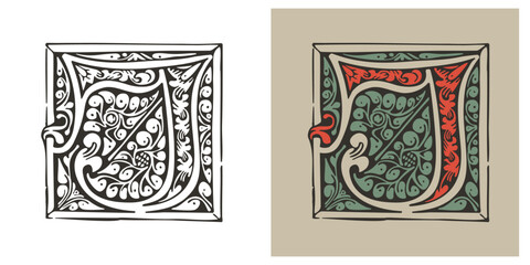 J letter medieval Gothic initial illuminated by foliage ornament. Engraved German drop cap. Dark age hand painted emblem. Classic Latin alphabet font based on XV century embellishment manuscript.