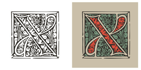 X letter medieval Gothic initial illuminated by foliage ornament. Engraved German drop cap. Dark age hand painted emblem. Classic Latin alphabet font based on XV century embellishment manuscript.