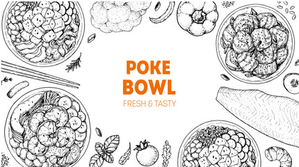 Poke Bowl frame. Hawaiian Food top view vector illustration. Food menu design template. Hand drawn sketch. Vintage style.