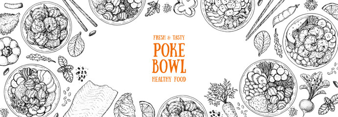 Poke Bowl frame. Hawaiian Food top view vector illustration. Food menu design template. Hand drawn sketch. Vintage style. - obrazy, fototapety, plakaty