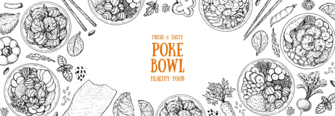 Fotobehang Poke Bowl frame. Hawaiian Food top view vector illustration. Food menu design template. Hand drawn sketch. Vintage style. © DiViArts