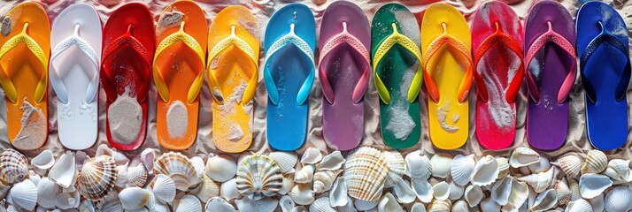 Colorful display of flip-flops arranged in a rainbow spectrum against a backdrop of white sand and seashells, capturing the essence of summer footwear created with Generative AI Technology	 - obrazy, fototapety, plakaty
