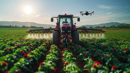 The Future is Green: Drones Nurture Lush Farmland from Above ,generated by IA - obrazy, fototapety, plakaty