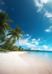 Strand mit Palmen und blauem Meer, Banner im Hochformat, Social Media, Stories, Urlaub, erstellt mit generativer KI