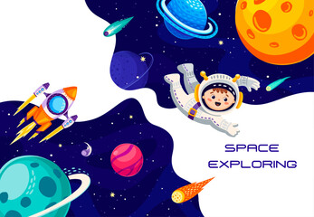 Naklejka premium Space explore banner with kid astronaut in outer space between planets and stars, vector background. Space exploration and galaxy adventure with kid spaceman, rocket or spaceship on spaceflight in sky