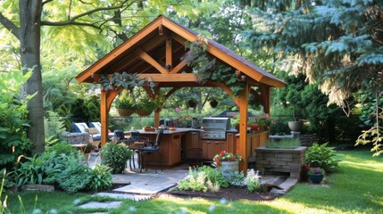 Obraz premium Small Wooden Gazebo in Garden