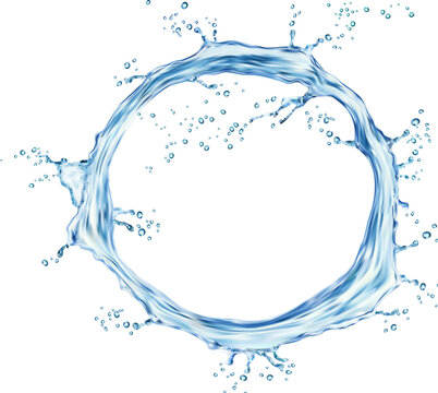 Round circle liquid water splash. Realistic 3d vector circular frame or wave with scatter. Blue transparent border, dynamic aqua twister in motion. Isolated whirl stream splashing, fresh clear drink