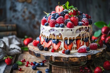 a cake with berries on top - obrazy, fototapety, plakaty
