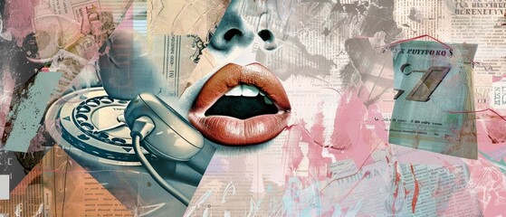 Women's lips confess their love to an old telephone receiver. Modern y2k concept. Holidays concepts. Women's Day and Valentine's Day. Greeting card. Vector. - obrazy, fototapety, plakaty